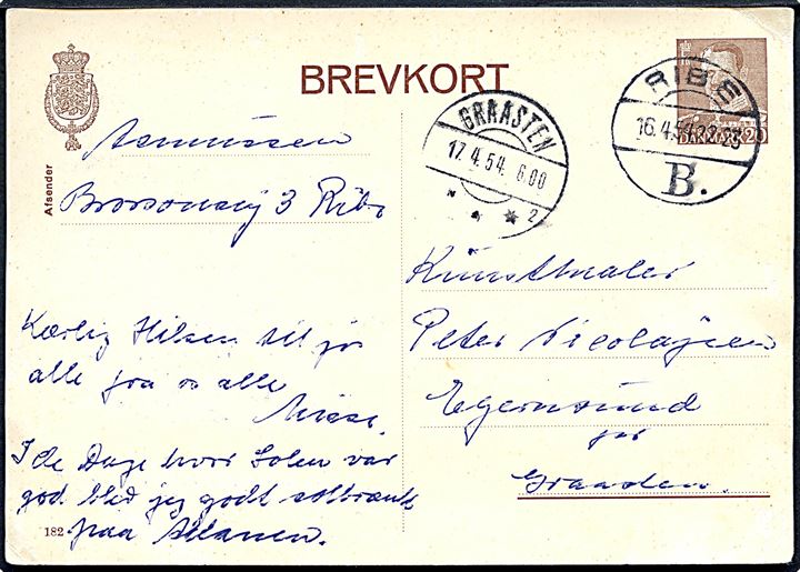 20 øre Fr. IX helsagsbrevkort (fabr. 182) annulleret med brotype Vc Ribe B. d. 16.4.1954 til Graasten.