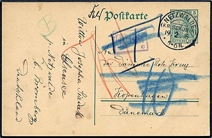 Tysk 5 pfg. Germania anvendt som feltpostkort fra Netzwalde d. 19.2.1916 til Dansk Røde Kors i København, Danmark. Fejlagtigt udtakseret i porto som underfrankeret.