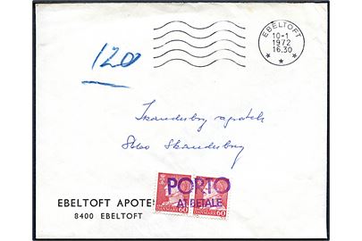 Ufrankeret brev fra Ebeltoft d. 10.1.1972 til Skanderborg. Udtakseret i porto med 60 øre Fr. IX i parstykke benyttet som portomærker og annulleret Porto at Betale.