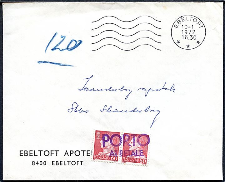 Ufrankeret brev fra Ebeltoft d. 10.1.1972 til Skanderborg. Udtakseret i porto med 60 øre Fr. IX i parstykke benyttet som portomærker og annulleret Porto at Betale.