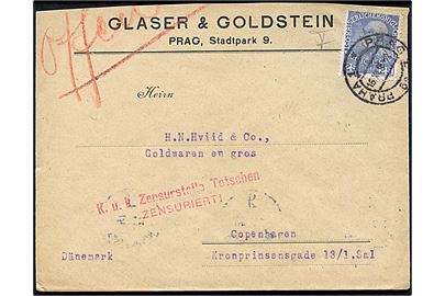 25 h. Franz Joseph single på brev fra Prag d. 16.11.1916 til København, Danmark. KuK censur fra Tetschen.