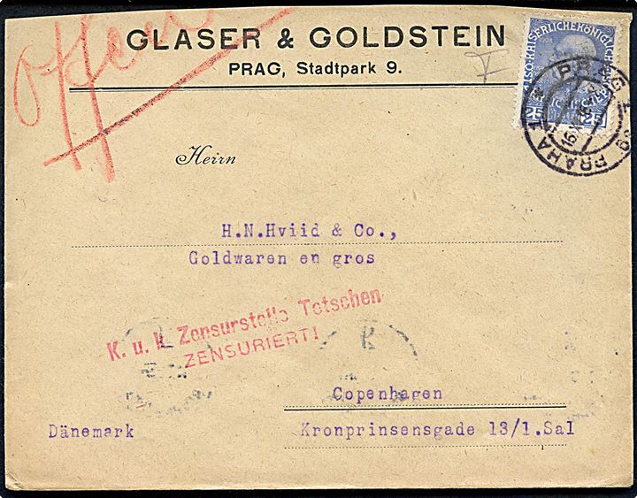 25 h. Franz Joseph single på brev fra Prag d. 16.11.1916 til København, Danmark. KuK censur fra Tetschen.
