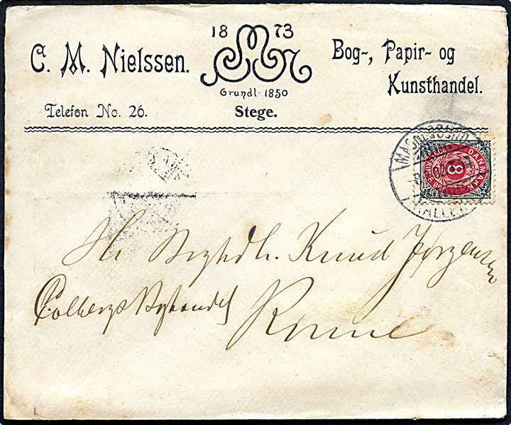 8 øre Tofarvet på brev fra Stege annulleret med bureaustempel Masnedsund - Kallehave T.5 d. 8.2.1902 til Rønne, Bornholm.
