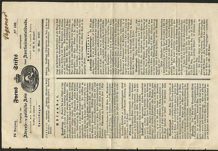 Fyens Stifts Adresse- og politiske Avis, samt Avertissementstidende no. 110 d. 15.5.1847.