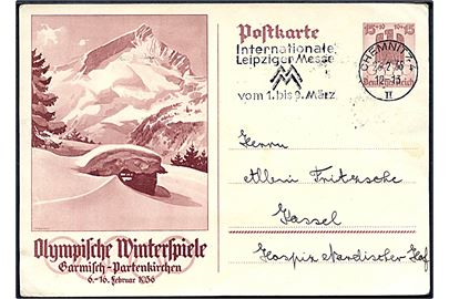 15+10 pfg. illustreret Vinter OL helsagsbrevkort fra Chemnitz d. 23.2.1936 til Kassel.
