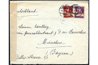 10 c. og 15 c. Tell på brev fra Monthey d. 9.1.1919 til München, Tyskland. Åbnet af tysk censur Unter Kriegsrecht geöffnet.