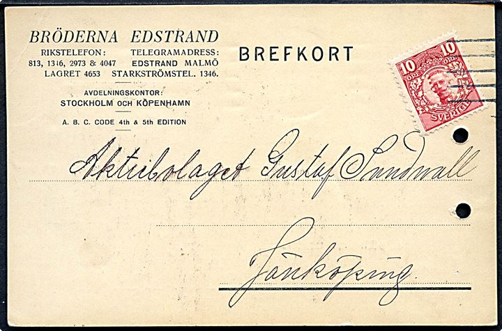 10 øre Gustaf med perfin B.E. på brevkort fra firma Bröderna Edstrand i Malmö d. 29.12.1919 til Jönköping. 2 arkivhuller.