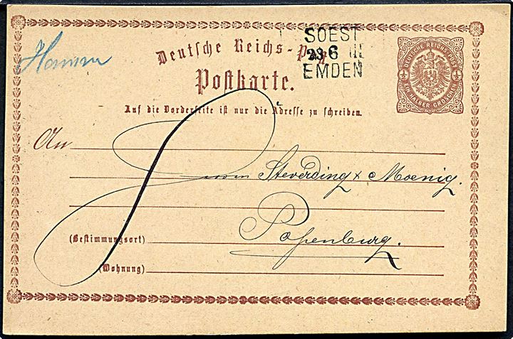 ½ gr. helsagsbrevkort med håndskrevet bynavn Hamn annulleret med bureaustempel Soest - Emden d. 23.6.1874 til Papenburg.