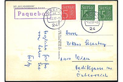 Svensk 5 öre og 15 öre (2) på brevkort (M/S Nils Holgersson) annulleret Lübeck d. 2.2.1967 og sidestemplet Paquebot til Wien, Østrig.