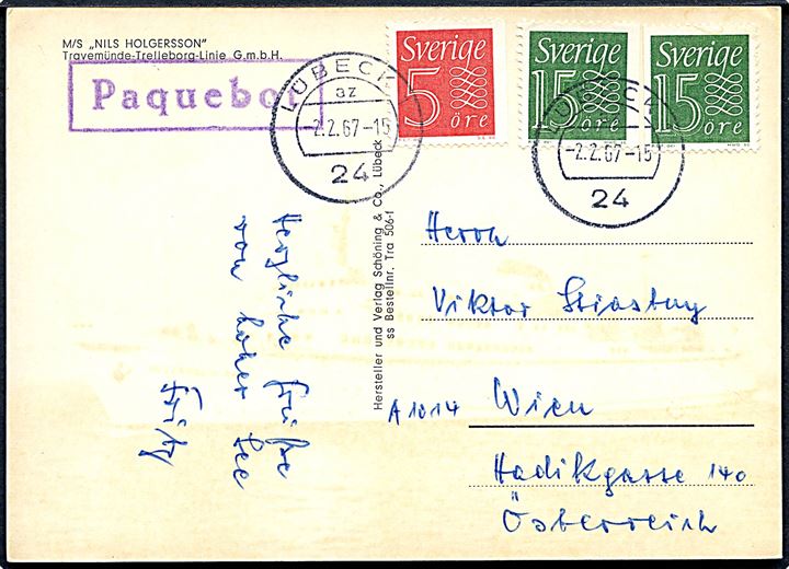 Svensk 5 öre og 15 öre (2) på brevkort (M/S Nils Holgersson) annulleret Lübeck d. 2.2.1967 og sidestemplet Paquebot til Wien, Østrig.