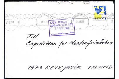 Inrikes Post mærke på brev fra Borlänge d. 11.9.1981 til Reykjavik, Island. Svensk portostempel: Taxe percue Malmö Ban Utr. d. 13.9.1981.