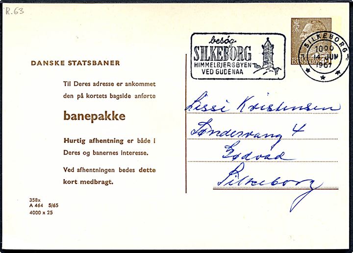 Danske Statsbaner 40 øre Fr. IX helsagsbrevkort (fabr. 358x) med formular A464 sendt lokalt i Silkeborg d. 14.6.1967.
