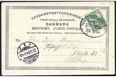5 pfg. Germanis på brevkort (Danske Folkedanse) annulleret med bureaustempel Tondern - Hvidding Bahnpost Zug 1225 d. 23.5.1904 til Flensburg.