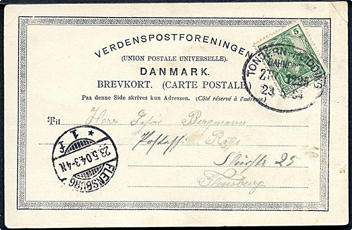 5 pfg. Germanis på brevkort (Danske Folkedanse) annulleret med bureaustempel Tondern - Hvidding Bahnpost Zug 1225 d. 23.5.1904 til Flensburg.