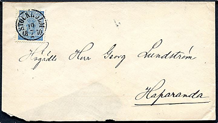12 öre Våben på brev fra Stockholm d. 19.7.1870 til Haparanda. Revet på bagsiden.