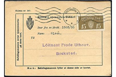 15 øre Tjenestemærke på Militært tjenestebrevkort fra Kristiansund N d. 18.2.1935 til Brekstad.
