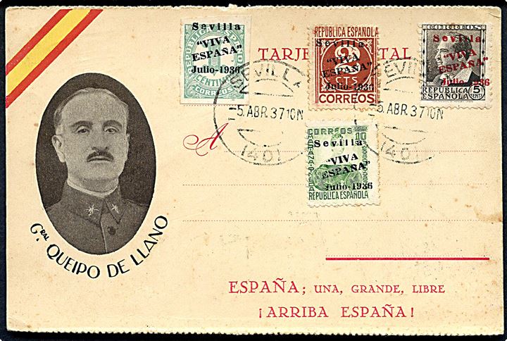 Uadresseret propagandakort med fire forskellige Viva Espana Sevilla lokal udg. stemplet Sevilla d. 5.4.1937.