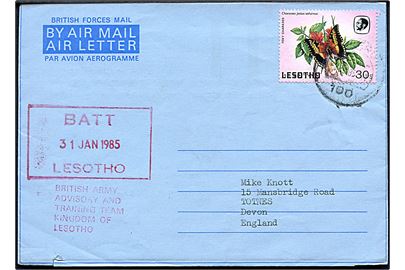 30 s. på British Forces Air Letter stemplet Maseru 1985 og sidestemplet BATT Lesotho d. 31.1.1985 til Totnes, England. Fra British Army Advisory and Training Team i Lesotho. 