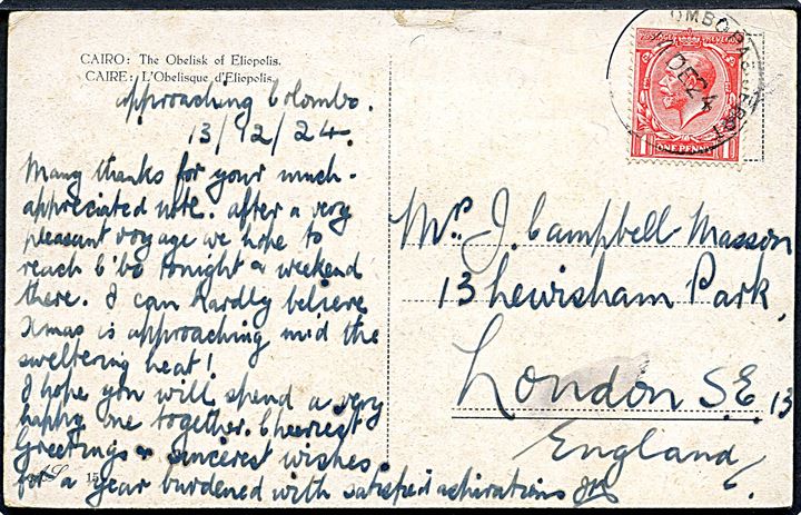 1d George V på brevkort (Cairo, Egypten) dateret nær Colombo og annulleret med skibsstempel Colombo Paquebot d. 14.12.1924 til London, England.