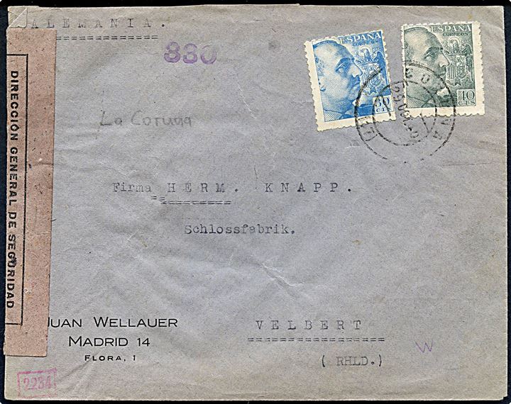 10 cts. og 30 cts. Franco på brev fra Coruna d. 29.10.1940 til Velbert, Tyskland. Åbnet af spansk censur i Coruna og tysk censur i München.