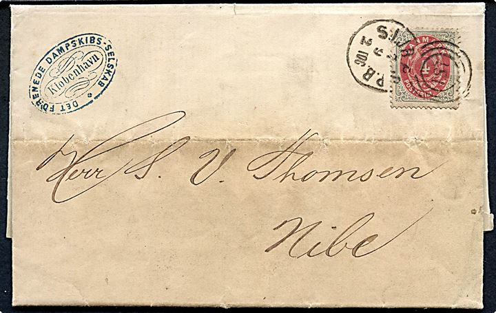 4 sk. Tofarvet på brev fra Det Forenede Dampskibs-Selskab i Kjøbenhavn annulleret med kombineret nr.stempel 181/SJ.JB.P.SP.B. d. 7.9.1872 via Aalborg til Nibe. Skjold og fold.
