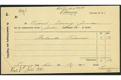 Avisregning - Formular Nr. 27a fra Lemvig d. 28.6.1889 for levering af Berlingske Tidende til Vemb-Lemvig Jernbane.