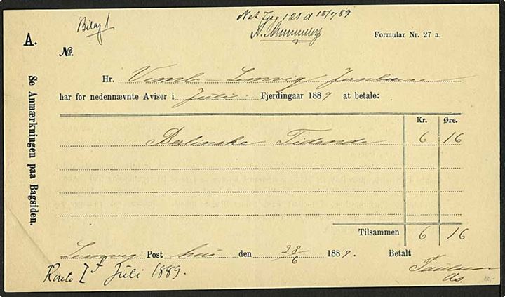 Avisregning - Formular Nr. 27a fra Lemvig d. 28.6.1889 for levering af Berlingske Tidende til Vemb-Lemvig Jernbane.