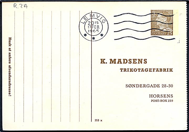 K. Madsens Trikotagefabrik 25 øre Fr. IX helsagsbrevkort (fabr. 353x) fra Lemvig d. 17.2.1965 til Horsens. 