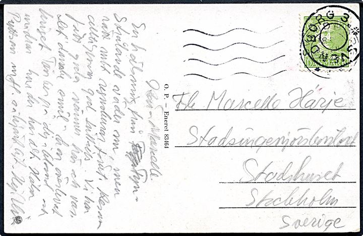 15 øre Chr. X på brevkort annulleret med udslebet stjernestempel SVENDBORG 3. og sidestemplet Svendborg d. 9.6.1948 til Stockholm, Sverige.