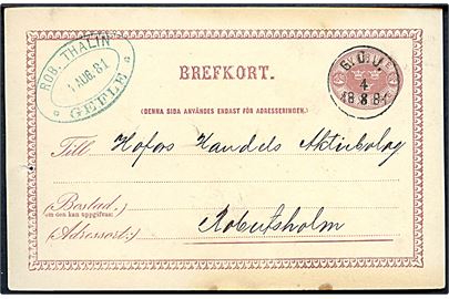 6 öre helsagsbrevkort fra Gefle annulleret med bureaustempel G.D.J. (= Gefle-Dala Jernväg) d. 4.8.1881 til Robertsholm.