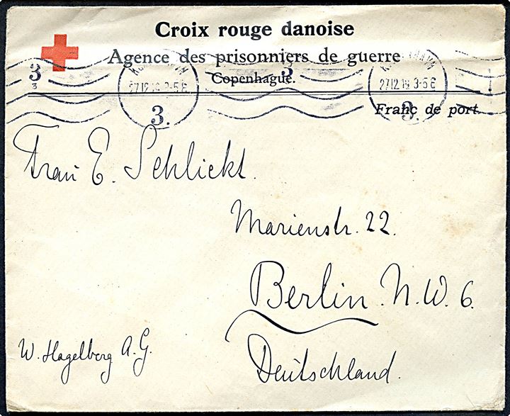 Ufrankeret fortrykt krigsfangebrev fra Dansk Røde Kors i Kjøbenhavn d. 27.12.1919 til Berlin, Tyskland.