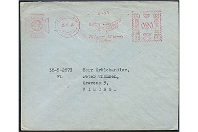 20 øre firmafranko med flyver på brev fra Zonen's Redningskorps i Eskilstrup d. 25.1.1946 til Viborg.