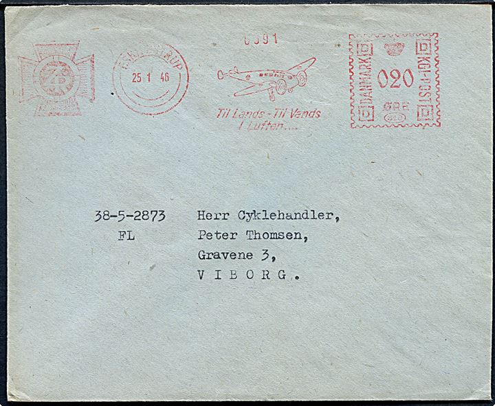 20 øre firmafranko med flyver på brev fra Zonen's Redningskorps i Eskilstrup d. 25.1.1946 til Viborg.