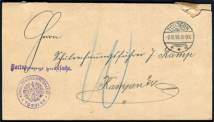 Ufrankeret portopligtig tjenestesag stemplet Tondern **a d. 8.10.1898 til Kampen, Sylt. Indhold vedhæftet postkvittering.