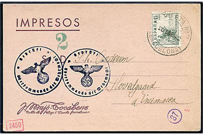 15 cts. Rytter single på tryksags-kort fra Barcelona d. 20.1.1942 til Hovedgaard, Danmark. Tysk censur.