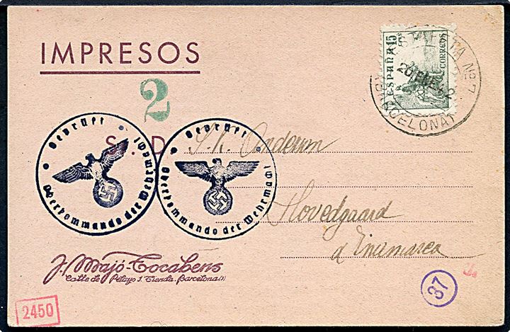 15 cts. Rytter single på tryksags-kort fra Barcelona d. 20.1.1942 til Hovedgaard, Danmark. Tysk censur.