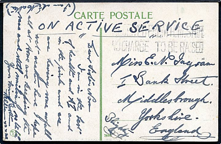 Ufrankeret brevkort (Constantinopel) sendt OAS flådepost og stemplet Received from H.M.Ships / No charge to be raised ca. 1919 til Middlesbrough, England.