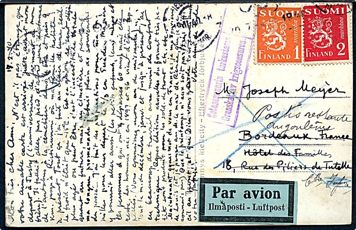 1 mk. og 2 mk. Løve på luftpostbrevkort fra Helsingfors d. 17.2.1940 til Frankrig. Finsk censur.