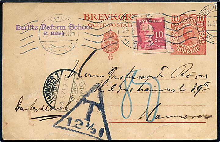 10 öre helsagsbrevkort opfrankeret med 10 öre Gustaf sendt underfrankeret fra Stockholm d. 26.5.1921 til Hannover, Tyskland. Stort 3-kantet portostempel: T 12½ c.