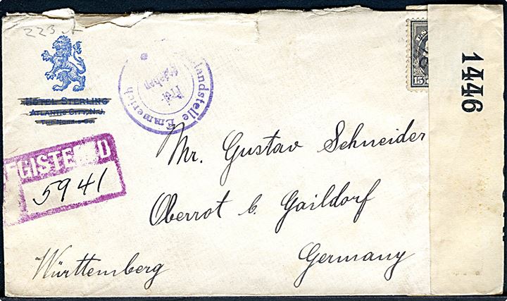 15 c. single på anbefalet brev fra Philadelphia d. 15.5.1916 via New York til Gailsdorf, Tyskland. Åbnet af britisk censur no. 1446 og passér stemplet ved den tyske censur i Emmerich.