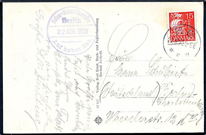 15 øre Karavel på brevkort stemplet brotype IIIb Rø d. 22.8.1929 og sidestemplet Salon-Schnelldampfer Berlin / Auf hoher See d. 22.8.1929 til Berlin, Tyskland.
