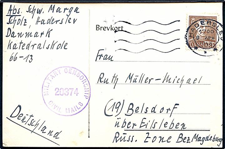 25 øre Chr. X på brevkort fra flygtningelejr 66-13 Haderslev Katedralskole stemplet Haderslev d. 9.4.1945 til Belsdorf, Tyskland. Allieret efterkrigscensur no. 20374.