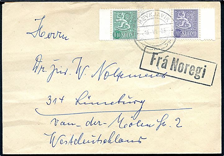 0,05 mk. og 0,10 mk. Løve på skibsbrev annulleret med islandsk stempel i Reykjavik d. 19.6.1965 og sidestemplet Frá Noregi til Lüneburg, Tyskland.