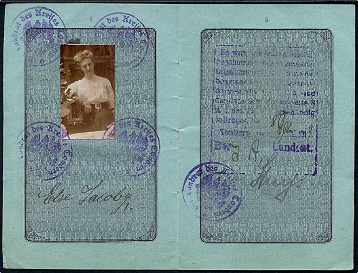 Königreich Preussen Reise-Pass med foto udstedt i Tønder 1919 med flere stempler. Bl.a. fra afstemningsperioden: Commission Internationale Slesvig / Hvidding Control d. 4.5.1920.