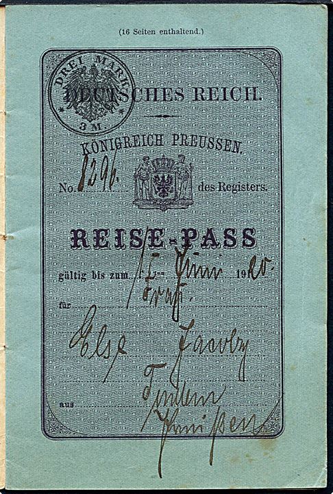 Königreich Preussen Reise-Pass med foto udstedt i Tønder 1919 med flere stempler. Bl.a. fra afstemningsperioden: Commission Internationale Slesvig / Hvidding Control d. 4.5.1920.