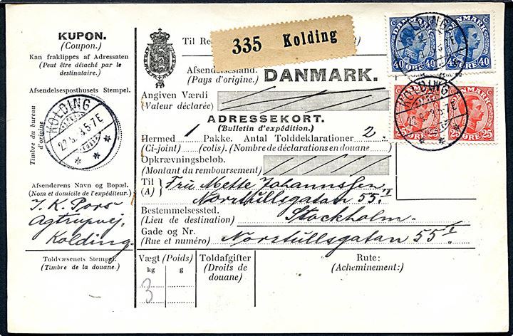 25 øre og 40 øre Chr. X i parstykker på 130 øre frankeret internationalt adressekort for pakke fra Kolding d. 22.9.1923 til Stockholm, Sverige.