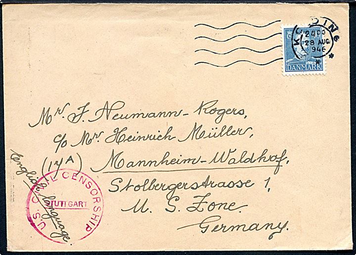 40 øre Chr. X på flygtningebrev fra Kolding d. 28.8.1946 til Mannheim, Tyskland. På bagsiden ovalt stempel: Flygtningelejren Tvedvej 1 Kolding. Amerikansk efterkrigscensur fra Stuttgart.
