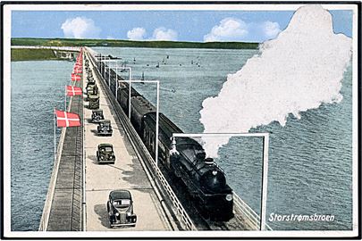 Storstrømsbroen med Lokomotiv og biler. O. P. no. 2145. 