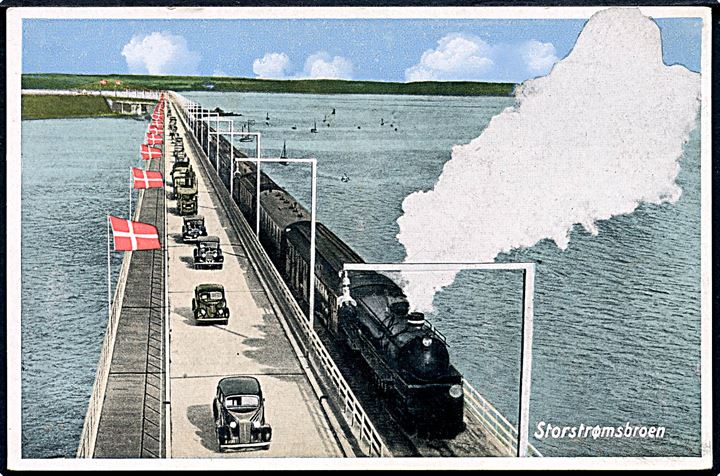 Storstrømsbroen med Lokomotiv og biler. O. P. no. 2145. 