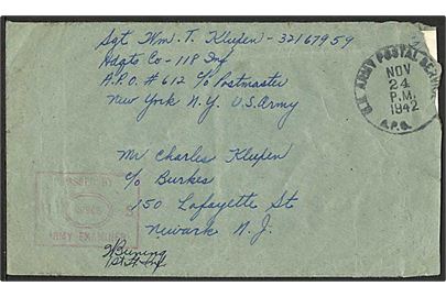 Ufrankeret amerikansk feltpostbrev stemplet U.S.Army Postal Service APO. d. 24.11.1942 til USA. Fra Hdqts. Co. 118th Infantry, APO 612 = Akureyri. Unit censor #00908.